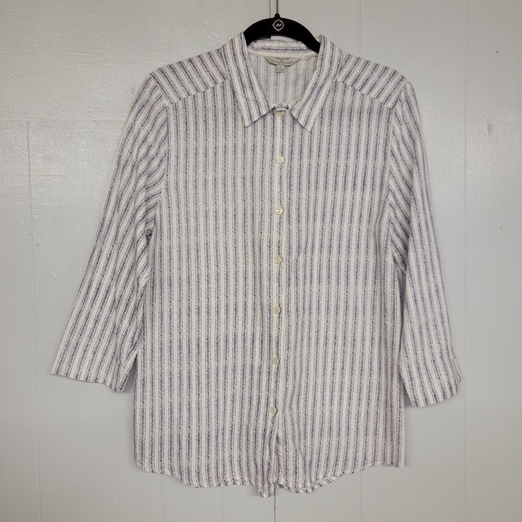 Hester & Orchard Tops - Hester & Orchard Size Large Linen Blend Shirt Button Cream/‎ Purple Striped
